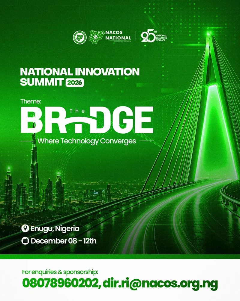 National Innovation Summit 2026 official flyer: The Bridge, December 8–12, Enugu, Nigeria. Enquiries: 08078960202, dir.ri@nacos.org.ng.
